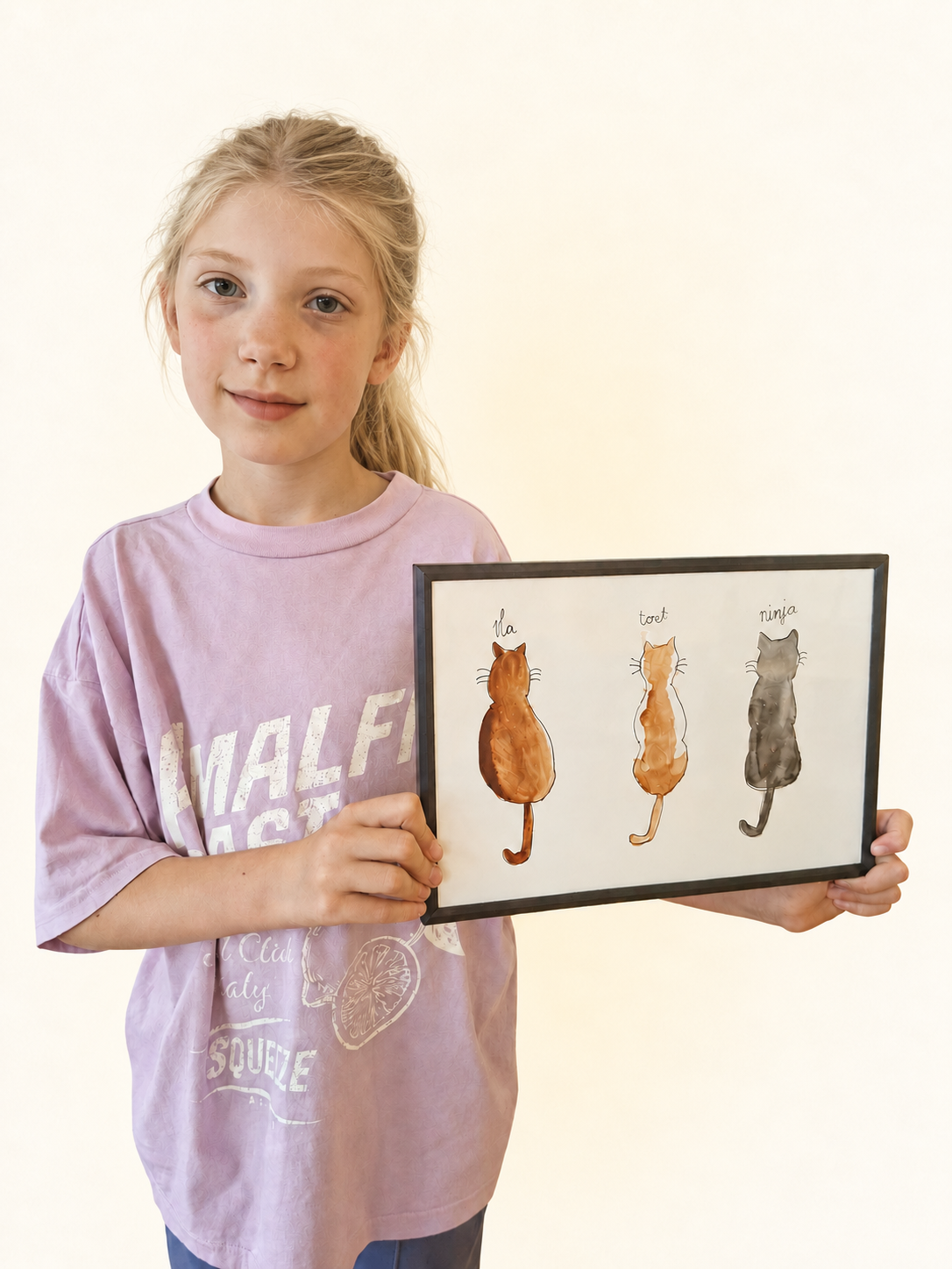 Een deelnemer met haar ingelijste aquarel van katten