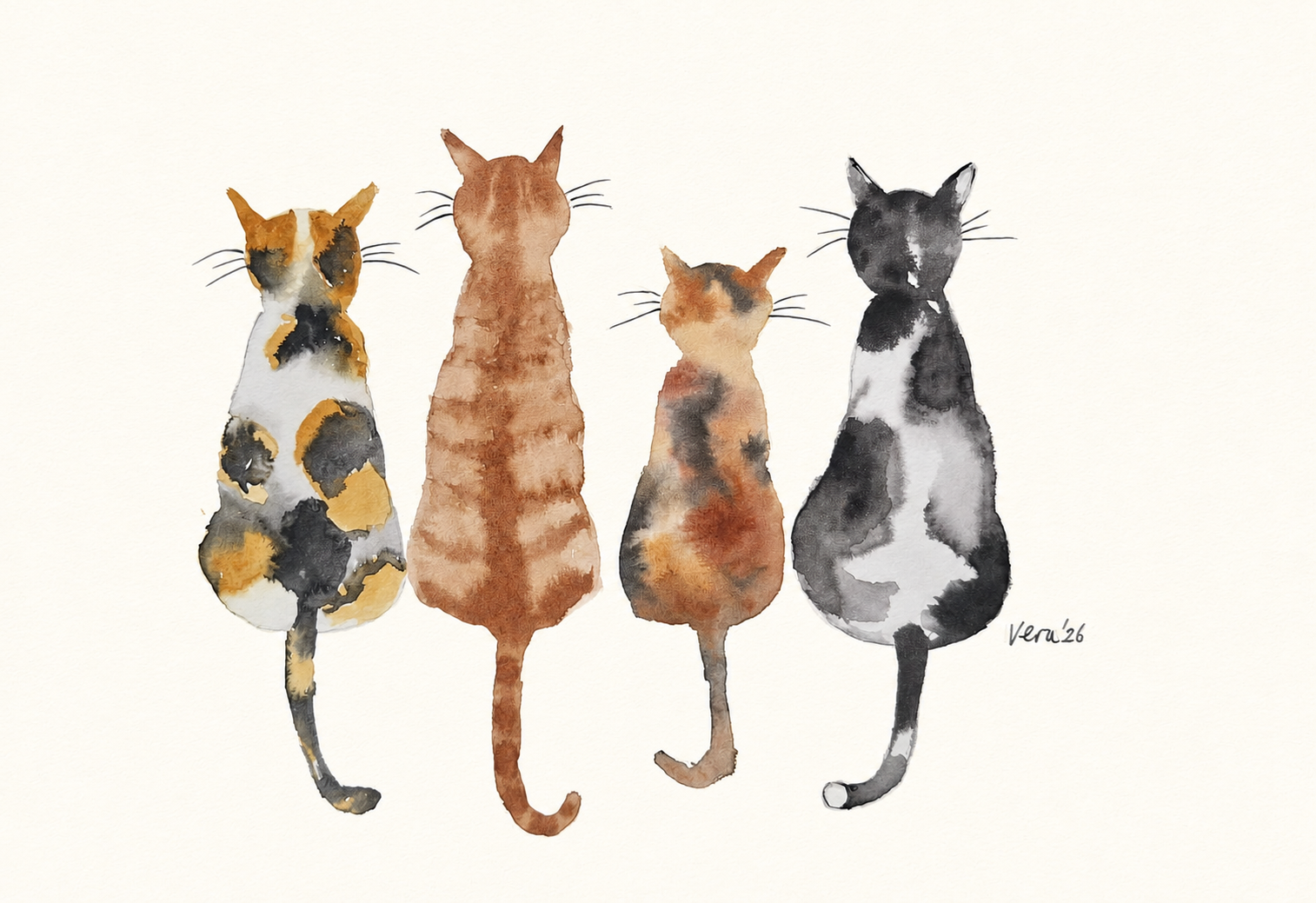 Vera's aquarelschilderij van vier kattenvrienden naast elkaar